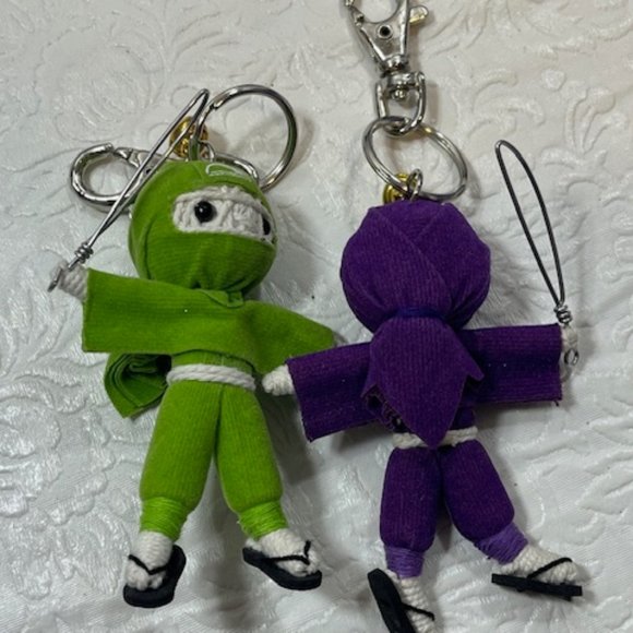 TWO Ninja String Doll Keychain Toys w/Swords Purple/Lime Green 2.5" x 3" NEW - Picture 3 of 9